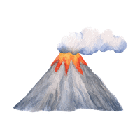 Volcanic eruption with ash and smoke over a mountain, symbolizing resilience.